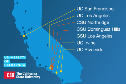 Map of California showing locations of UC San Francisco, UC Los Angeles, CSU Northridge, CSU Dominguez Hills, CSU Los Angeles, UC Irvine, and UC Riverside